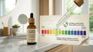 Alt text for image 9: A pH scale diagram illustrating the optimal, non-burning acidity level of a safe vitamin C serum for sensitive skin.
