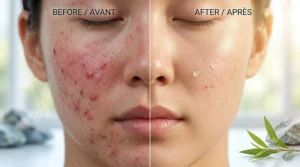 Before and after illustration showing reduced redness and clearer skin from using a pH balancing toner for acne.