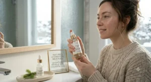 A refreshing face mist for dry skin sitting on an office desk for a quick midday hydration boost.
