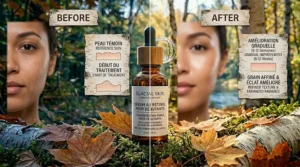 Illustration of a protected skin barrier locked in with hydrating bakuchiol serum during dry Canadian winter weather.