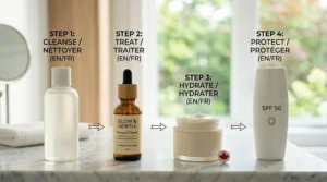 Alt text for image 4: Icon guide for a daily morning skincare routine featuring a mild vitamin C serum for sensitive skin / sérum vitamine C pour peau sensible.