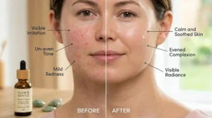 Alt text for image 8: Before and after illustration showing the reduction of redness and dark spots using a brightening vitamin C serum for sensitive skin.