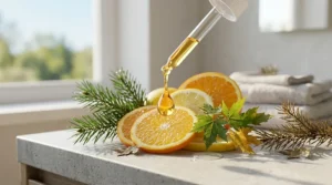Illustration showing a drop of potent vitamin C serum absorbing deep into the skin layers for maximum brightness.