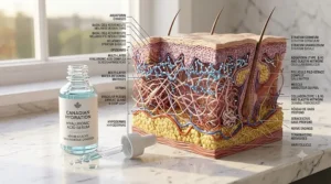 An illustration of a winter skincare routine in Canada featuring hyaluronic acid serum to combat dry, cold air.
