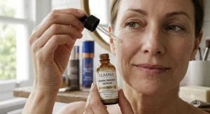 Close-up of a woman applying the best PDRN serum to target fine lines and improve skin texture.