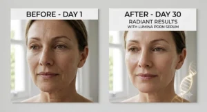 Before and after comparison photos showing radiant skin results after using the best PDRN serum for a month.