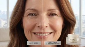 Clean medical illustration showing visual reduction of fine lines and wrinkles after using the best anti-aging cream over 4 weeks.