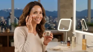 Illustrated skincare steps showcasing how to apply the best anti-aging cream as part of a daily morning and evening Canadian beauty routine.