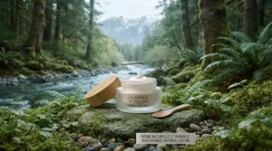 Eco-friendly recyclable jar of the best anti-aging cream set against a backdrop of green Canadian pine forests and clean water.