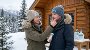 A photorealistic illustration of a woman applying a protective layer of CeraVe vs Cetaphil cleanser outside a snow-covered cabin, illustrating skin defense against harsh Canadian winters.