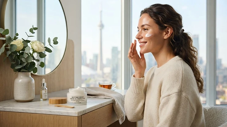 A woman applying the best day cream for Canadian weather conditions, suitable for hydrating skin during cold winters and summer months.