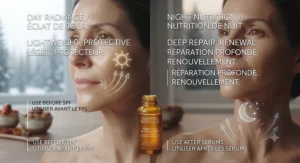 Visual guide comparing lightweight daytime radiance drops with nourishing nighttime facial oils.