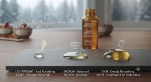 Graphic scale showing fast-absorbing, non-greasy textures of the best facial oils on the market.