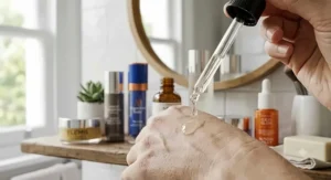 A glass pipette dropper dispensing a clear formulation of the best PDRN serum for intense hydration.