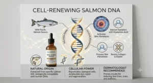 An illustrative graphic showing the cell-renewing salmon DNA ingredients found in the best PDRN serum.