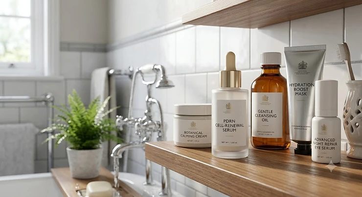 A bottle of the best PDRN serum placed next to a luxury skincare routine lineup on a bathroom shelf in a British home.