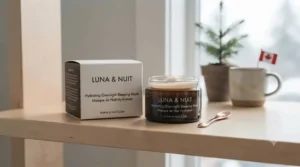 Eco-friendly packaging of a nourishing overnight sleeping mask with bilingual English and French product labels for Canadian consumers.