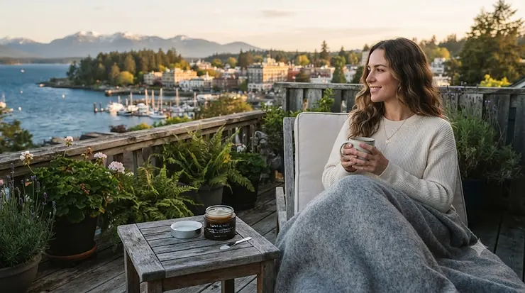 An open jar of hydrating overnight sleeping mask resting on a cozy knit blanket, perfect for combatting dry Canadian winter skin.