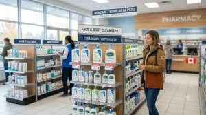 A photorealistic illustration inside a modern Canadian pharmacy, showing CeraVe vs Cetaphil cleansers available side-by-side with bilingual (EN/FR) store signage.