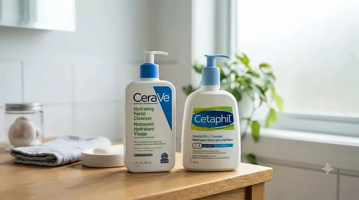 A detailed comparison shot of CeraVe vs Cetaphil cleanser bottles, with bilingual labels, sitting on a natural wood vanity.