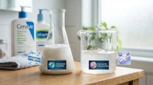 A photorealistic infographic comparing CeraVe vs Cetaphil cleanser ingredients, highlighting ceramides in CeraVe and niacinamide/B5 in Cetaphil on a wooden counter.