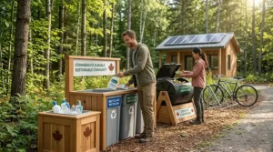 A photorealistic illustration of a sustainable community recycling station in a Canadian forest, showing a man placing an empty, bilingual Cetaphil bottle into a bin labeled RECYCLAGE / RECYCLING.