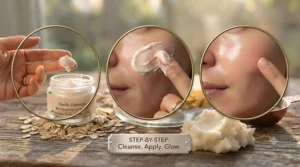 Step-by-step graphic showing how to apply a rich moisturizer for dry skin as part of a daily skincare routine.