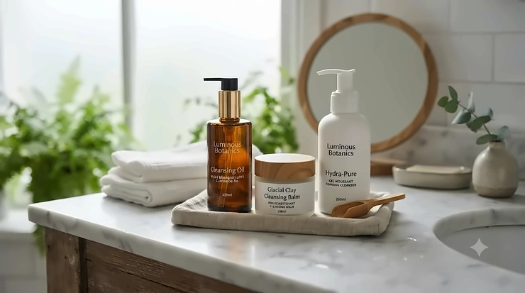 Flat lay of essential double cleansing products for a clear skincare routine.