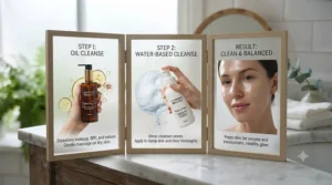 Three-step infographic showing how to use double cleansing products effectively.