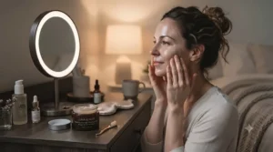 A woman applying an overnight sleeping mask as the final step of her nighttime skincare routine before bed.
