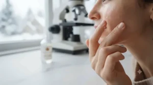 Applying serum to damp skin for winter hydration