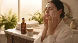 Applying double cleansing products during a relaxing evening skincare ritual.