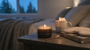 A relaxing bedtime self-care scene with a wellness candle and a tube of restorative overnight sleeping mask on a bedside table.