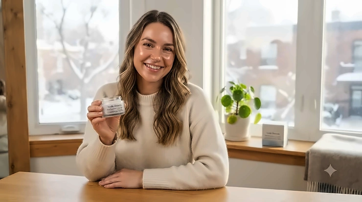 Woman with a glowing, hydrated complexion holding a jar of rich moisturizer for dry skin during the cold Canadian winter.