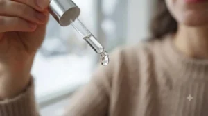 Close-up of hydrating serum drops for winter skin care