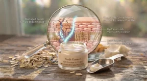 Diagram illustrating skin barrier repair using a dermatologist-recommended rich moisturizer for dry skin.