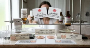 An educational infographic illustrating comparative skin matching and penetration results for dry and oily skin, featuring bilingual French and English descriptions of product compatibility.