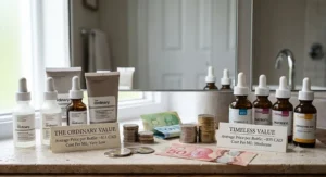 A price comparison infographic for "The Ordinary vs Timeless vitamin C serum" in Canada, showing currency symbol stacks and labels for product value on a stone surface.