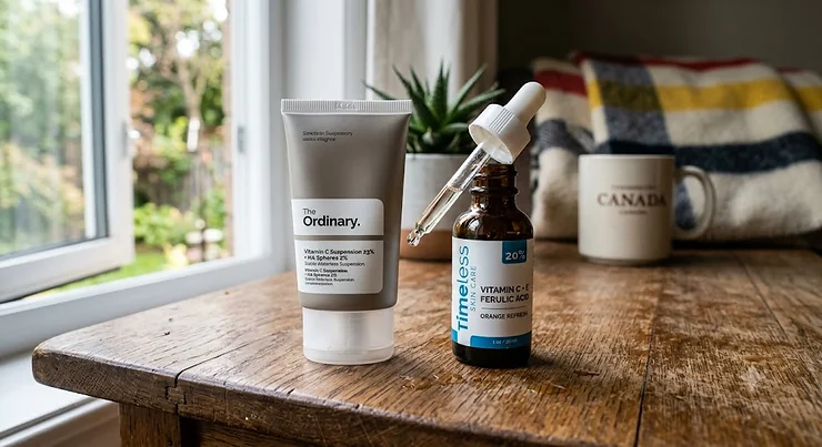 A side-by-side product comparison of The Ordinary vs Timeless vitamin C serum bottles on a clean vanity backdrop, highlighting top skincare serums available for Canadian consumers seeking brightened skin.