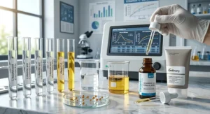 A scientific laboratory setting comparing active ingredient concentrations in The Ordinary vs Timeless vitamin C serum, featuring glass beakers and a digital analysis screen.