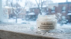Graphic illustration of snowflakes and a tube of rich moisturizer for dry skin, highlighting seasonal protection for Canadians.