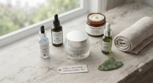 A flat lay arrangement featuring the best eye cream alongside daily Canadian skincare essentials.