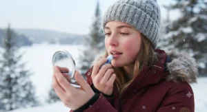 Woman applying the best hydrating lip balm outdoors during a cold Canadian winter day.