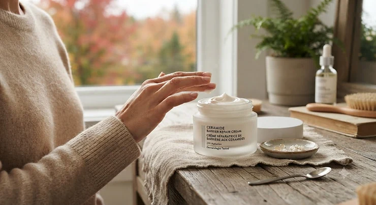 Flat lay of the best barrier repair cream surrounded by ceramides and soothing ingredients for dry Canadian winter skin.
