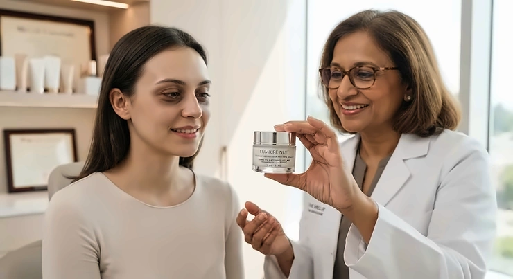 A dermatologist holding the best eye cream in Canada formulated to reduce stubborn dark circles.
