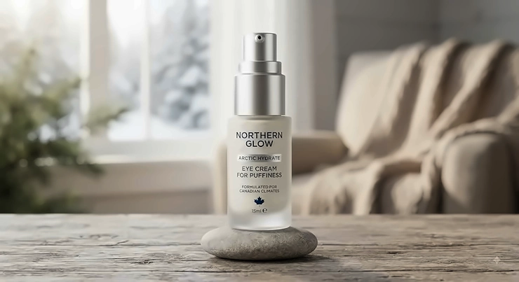 A premium bottle of hydrating eye cream for puffiness formulated for Canadian climates.