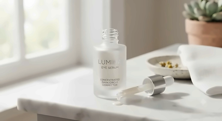 A sleek bottle of the best eye serum designed to target dark circles and brighten under-eye skin for a refreshed look.