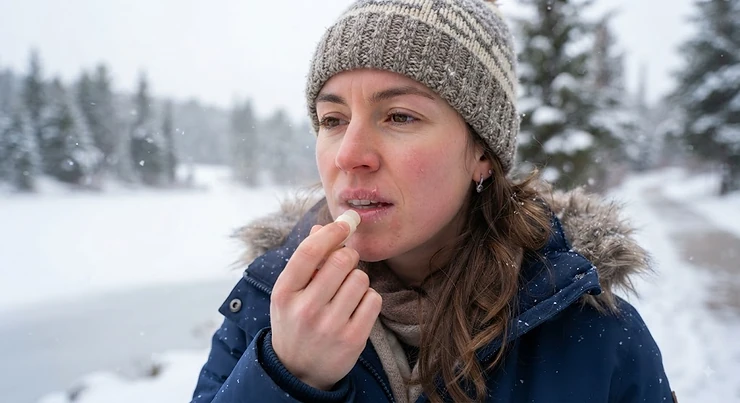 A person applying hydrating lip balm to protect their lips against cold, dry Canadian winter air.