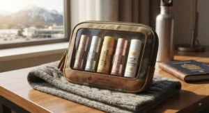 Convenient travel-sized lip balm sticks packed in a bag, essential for Canadian travellers.
