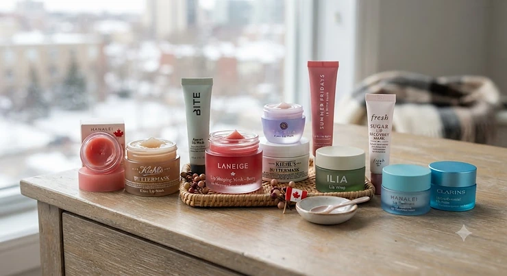A colorful collection of the best lip masks for hydrating dry lips during Canadian winters.
